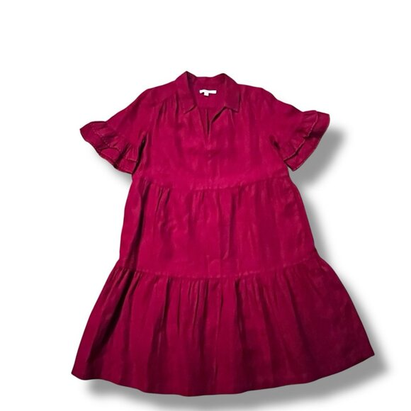 Chico's Linen Midi Dress Size 1 (8) Magenta Tiered Long Ruffle V Neck Pockets - Picture 2 of 11